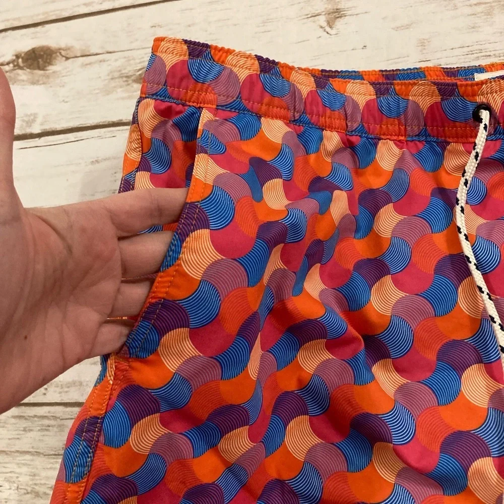 Psycho Bunny Orange Red Blue Geometric Swim Trunks